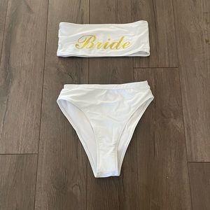 White BRIDE bandeau top and high waisted bottom bikini